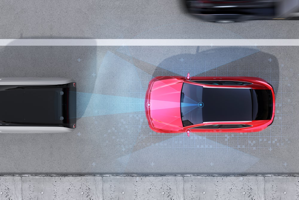 Car Loans Banner - Aerial view of red SUV using Autonomous Emergency Braking to avoid car crash