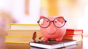 Financial Literacy header graphic of piggy bank on books wearing glasses