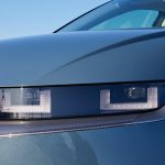 Hyundai IONIQ 5 light blue close up of rectangular LED headlights