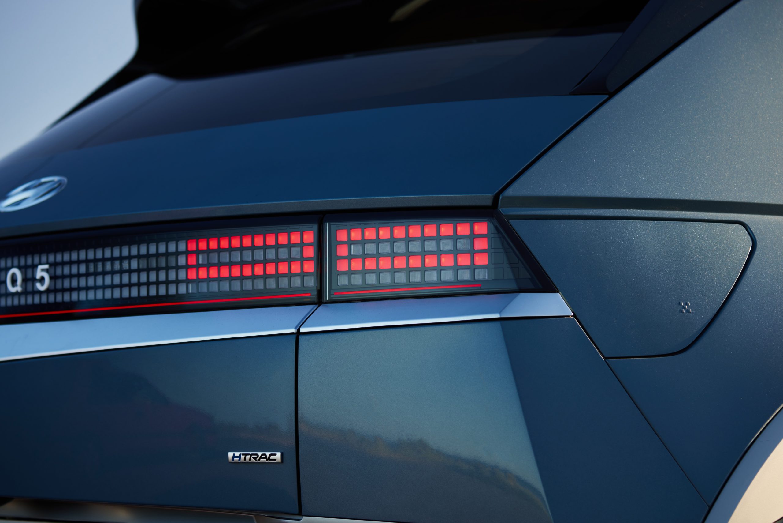Hyundai IONIQ 5 light blue close up of rectangular red LED tail lights