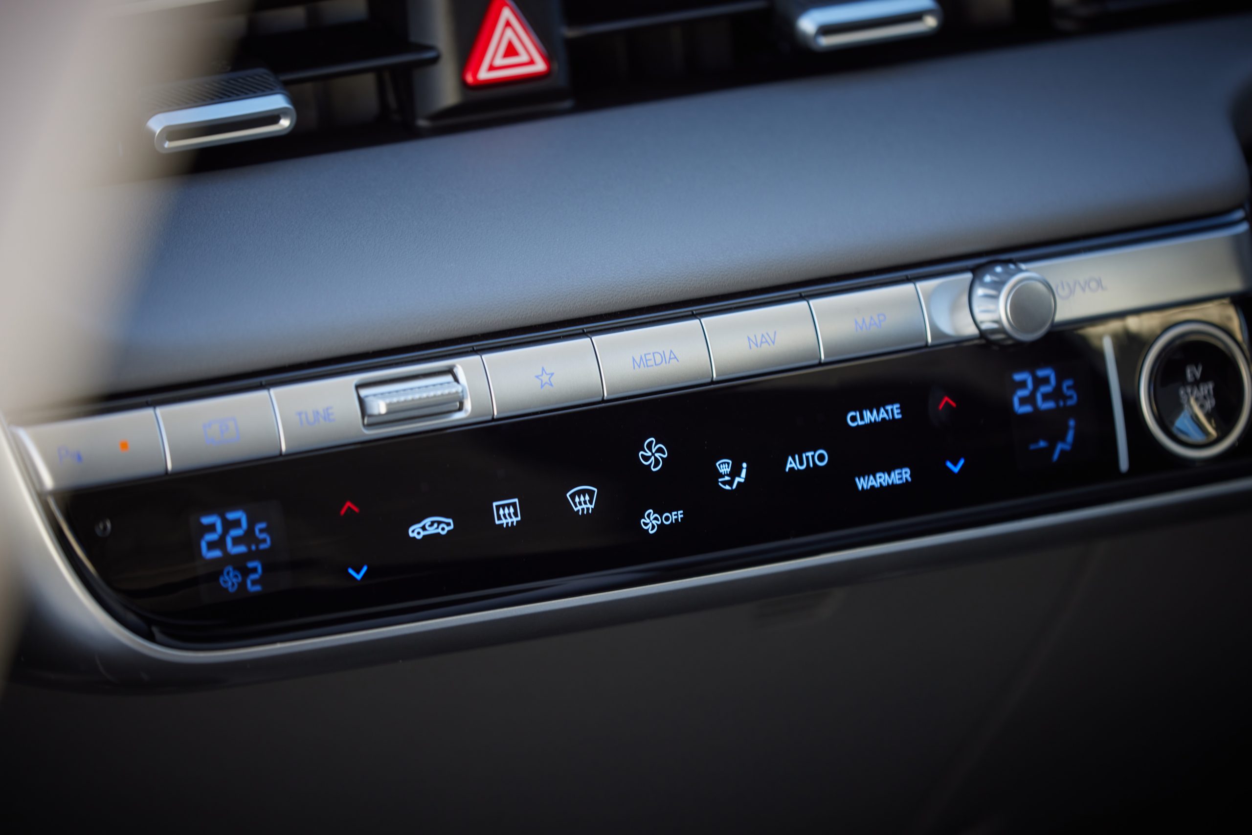 Hyundai IONIQ 5 close up of front dashboard heater and air conditioning unit