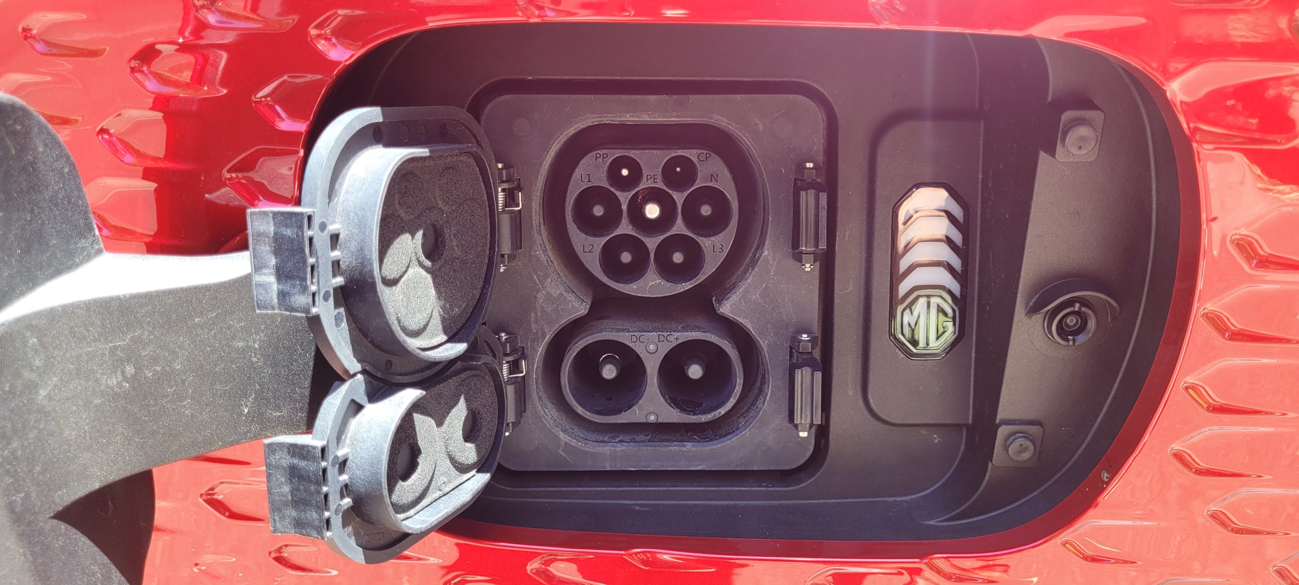 Close-up of MG ZS EV charging port
