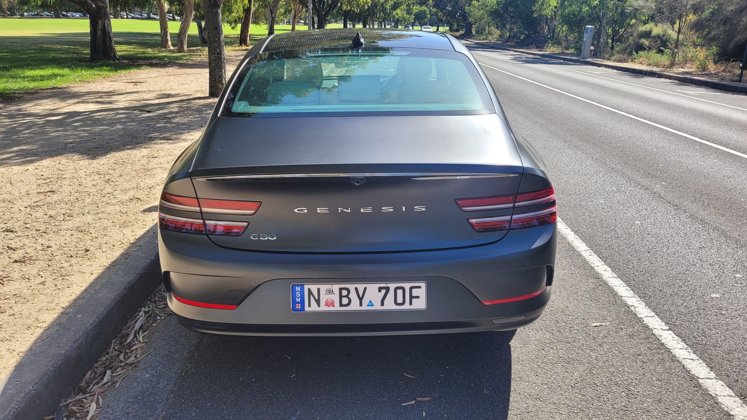 Makalu Matte Gray Genesis G80 electric view of rear boot