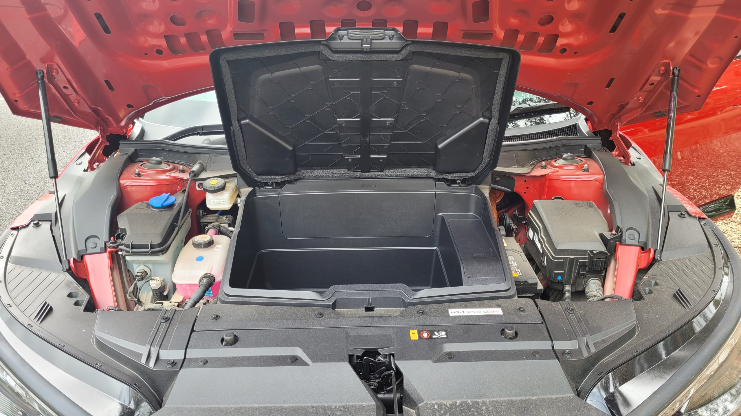 Red Kia EV6 GT-Line open frunk or froot view