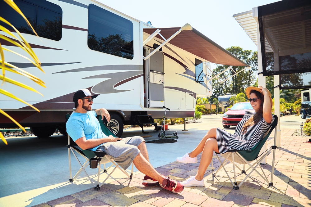 Business Loans Banner - Couple sitting on camper chairs outside their caravan in a caravan park