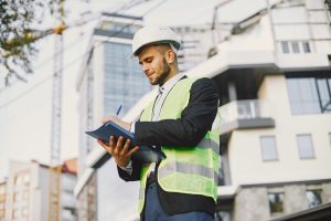 Business Loans Banner - Construction business owner makes notes at a worksite