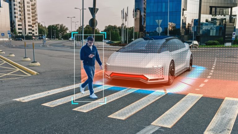 Autonomous self-driving car, at a zebra crossing with distracted man crossing road