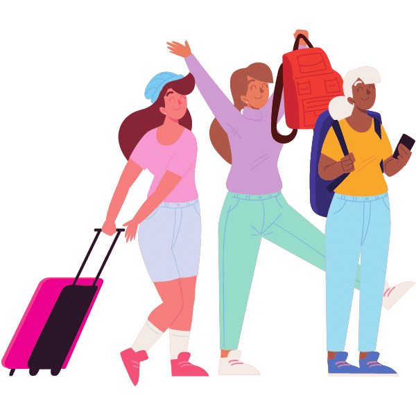 Drawing of three happy women with bags going on holiday