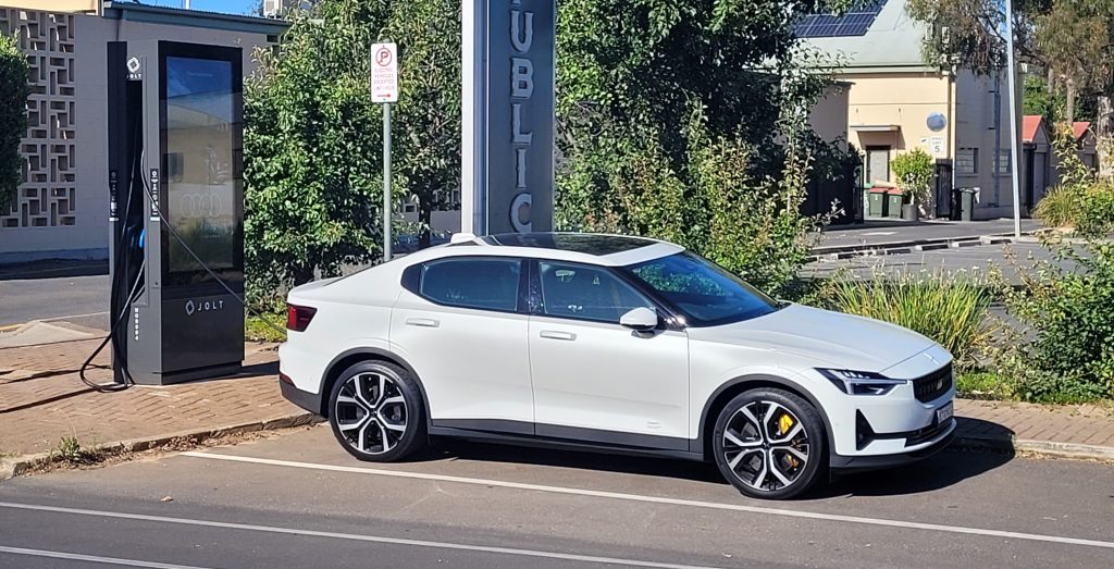 White Polestar 2 EV charging at public paid charging station in Adelaide